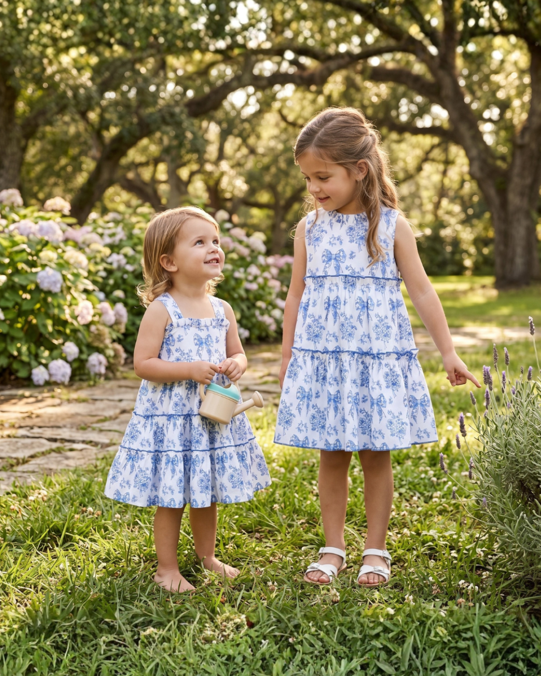 Blue and white kids layered sundress with bow-and-flower print, modeled outdoor view
