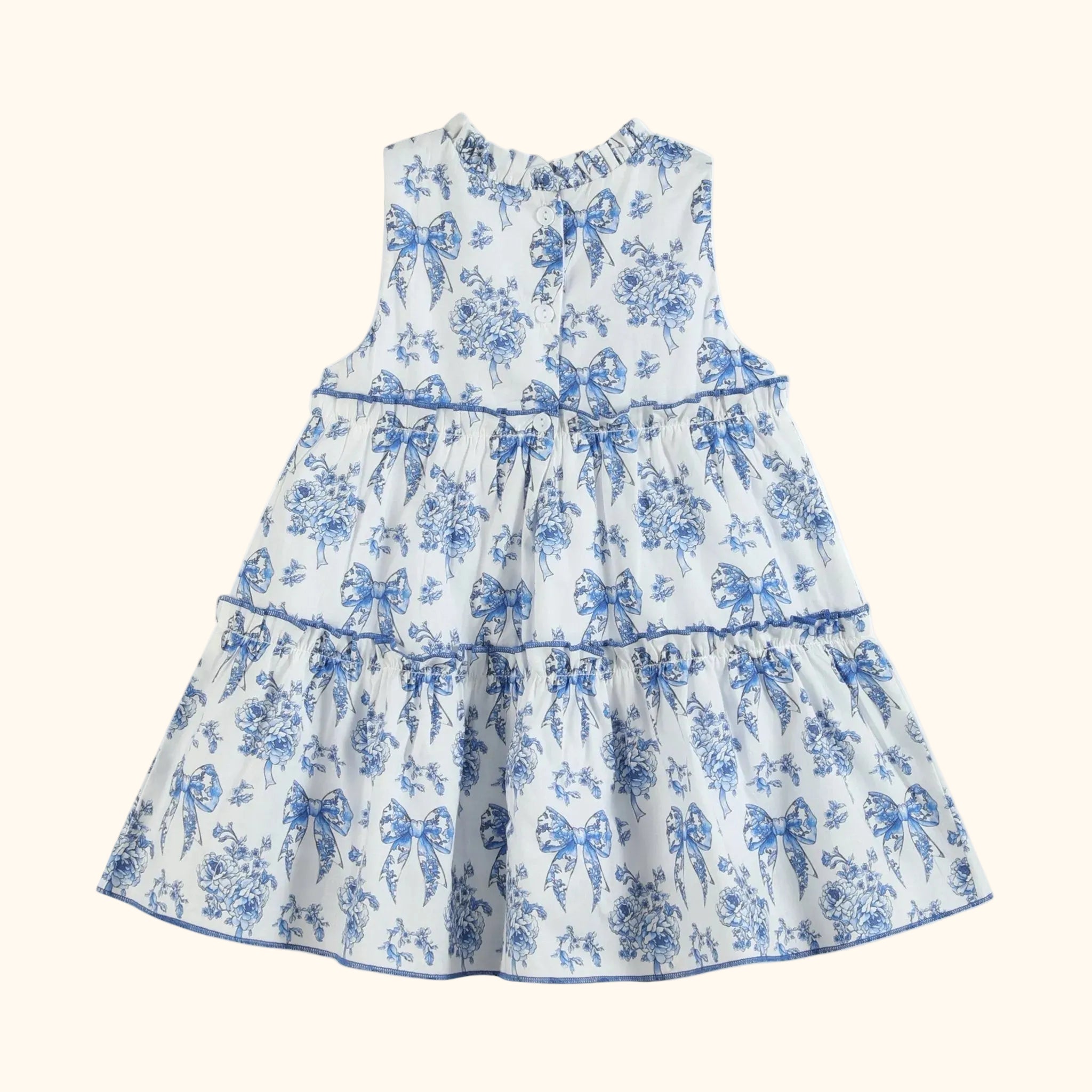 Blue and white kids bow floral layered dress with back buttons, back product view