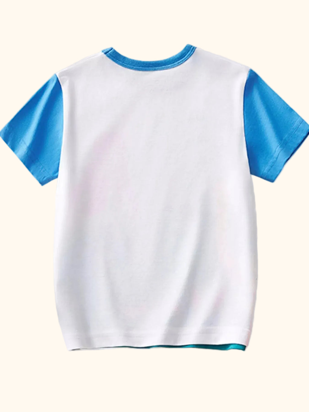 Blue and white kids dinosaur graphic T-shirt with plain white back and contrast sleeves, back product view