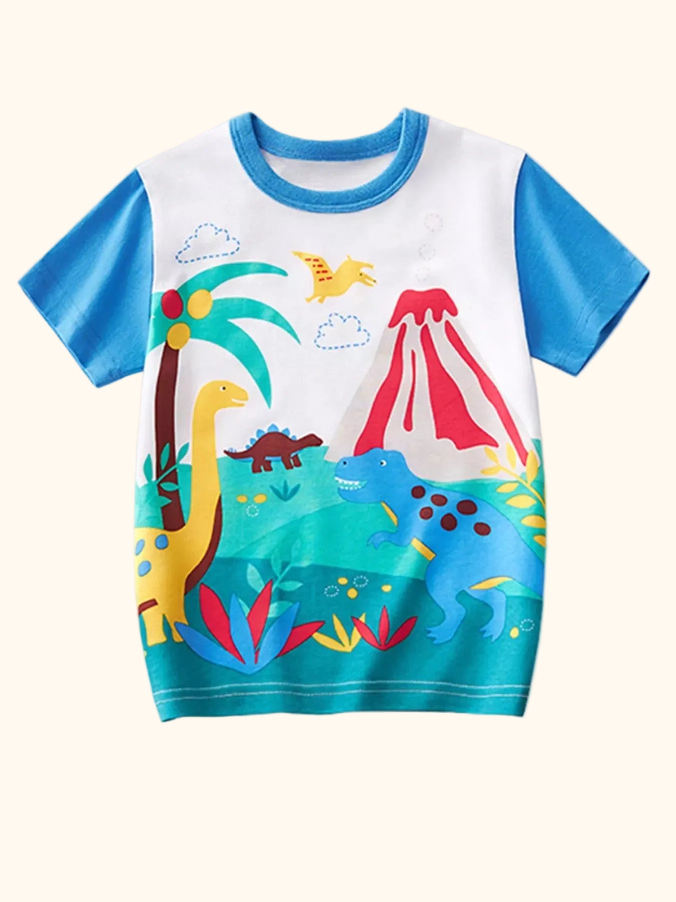 Blue and white kids dinosaur volcano graphic T-shirt with colorful prehistoric scene, front product view