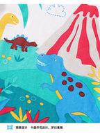 Kids dinosaur T-shirt with blue dinosaurs, red volcano and prehistoric landscape, graphic close-up