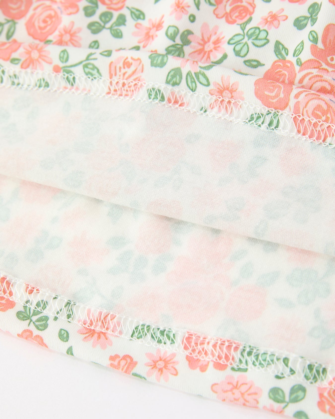 Blush floral kids smocked dress with pink flowers and green leaves, fabric and hem detail view