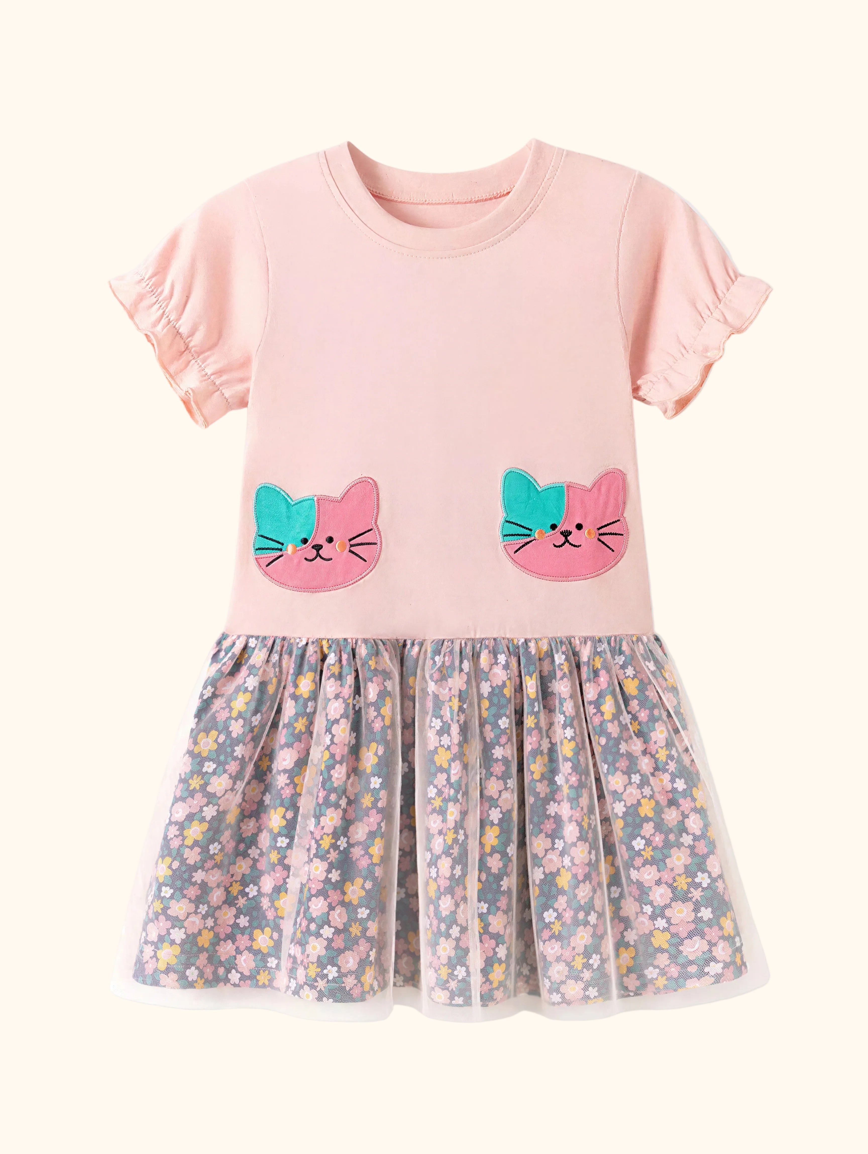 Blush pink kids cat floral tulle dress with two embroidered cat appliqués and ruffle sleeves, front product view