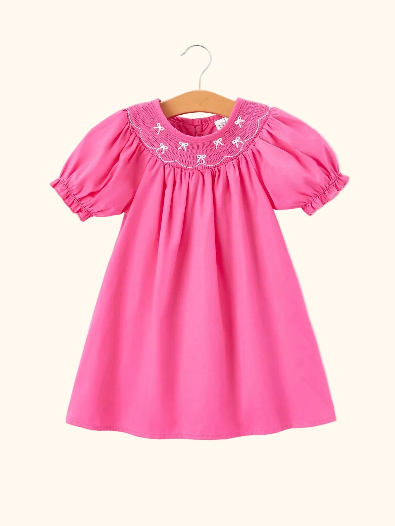 Bow-Embroidered Smocked Puff-Sleeve Dress