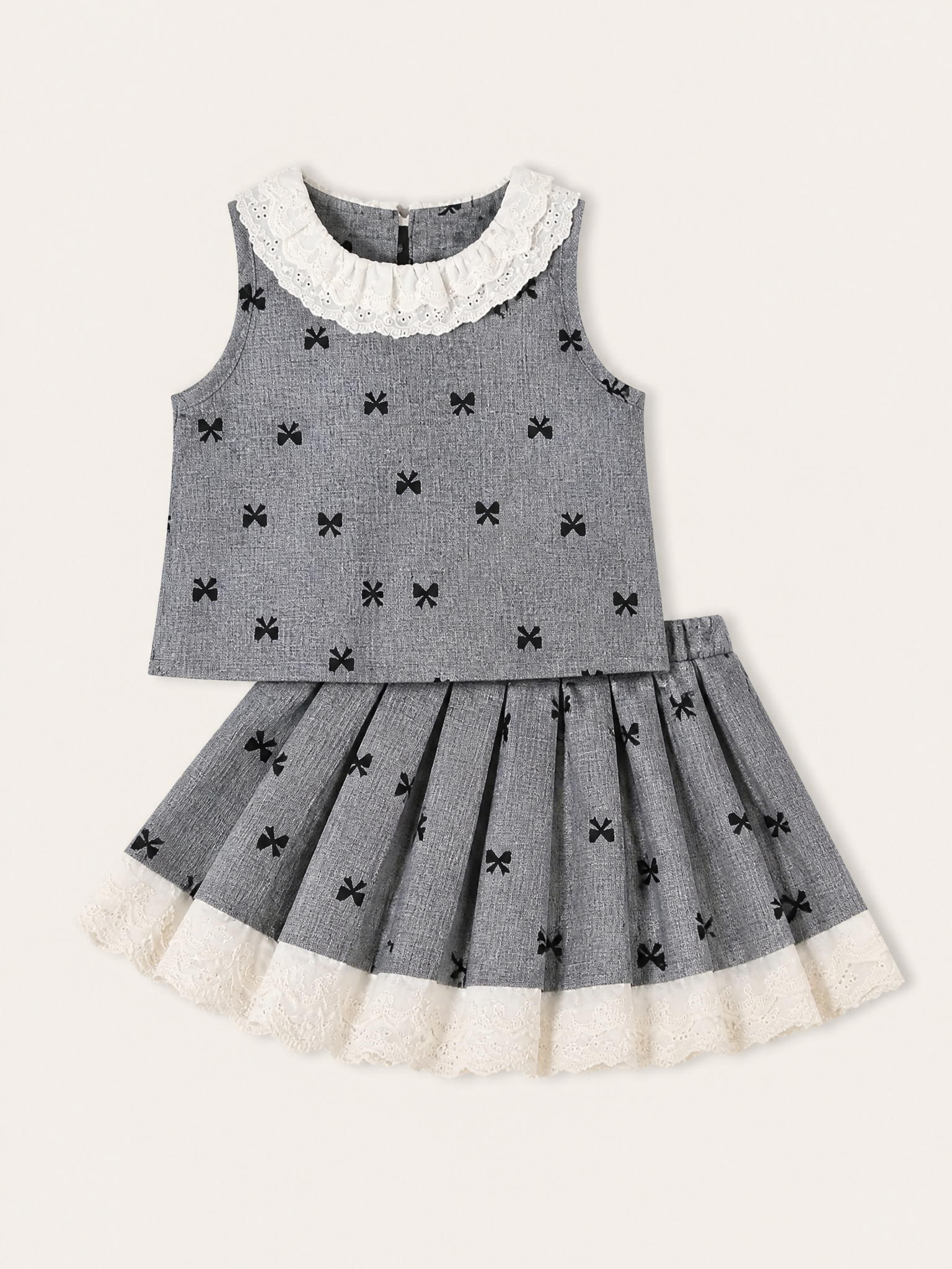 Bow Print Lace Trimmed Top and Skirt Set
