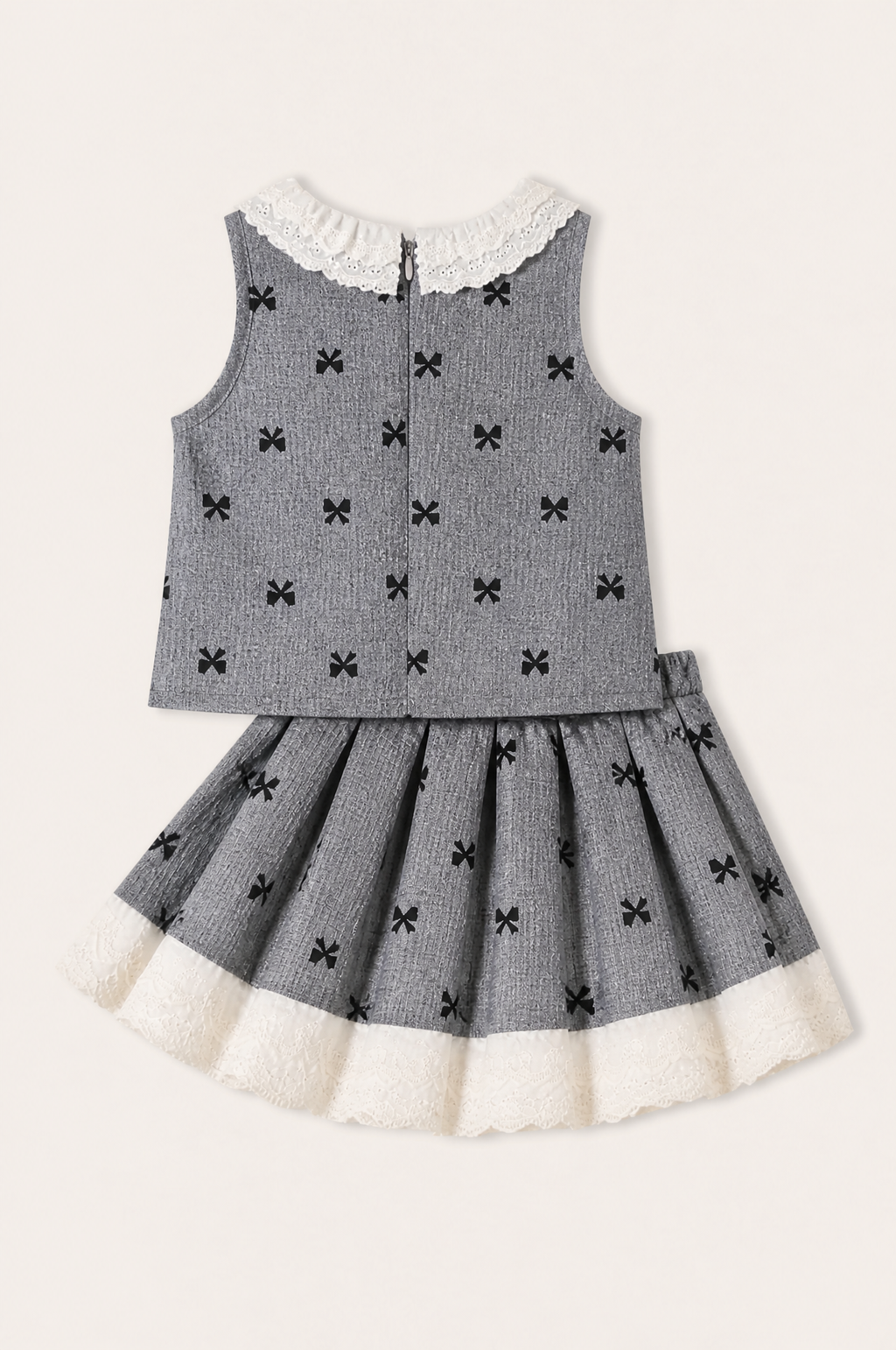 Bow Print Lace Trimmed Top and Skirt Set