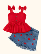 Baby Red Bow Top & Heart Denim Shorts Outfit