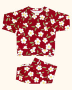 Burgundy floral kids jogger set with matching long-sleeve top and pants, alternate view