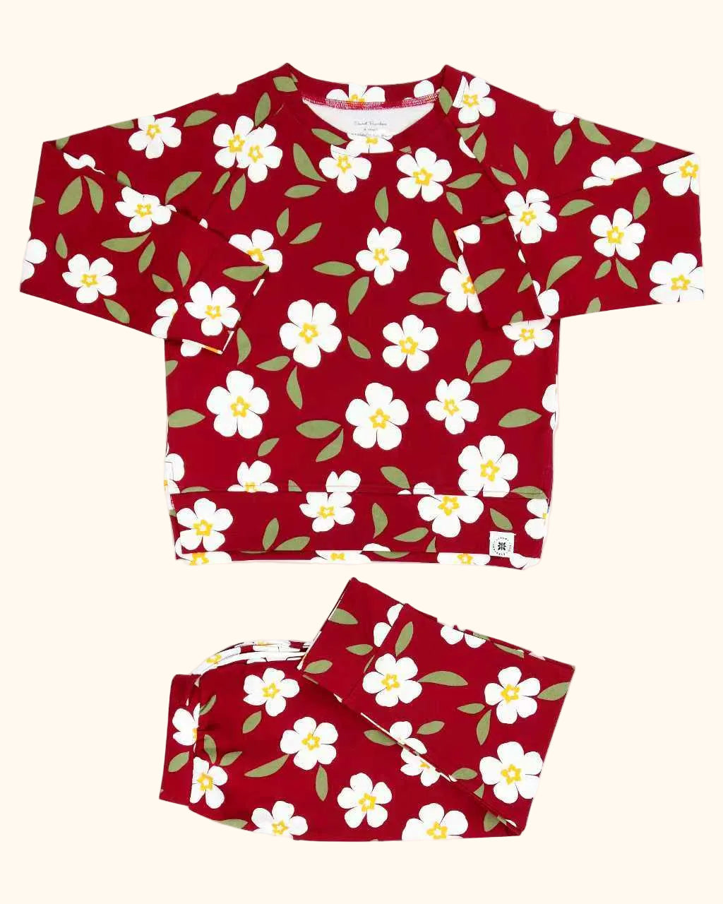 Burgundy floral kids jogger set with matching long-sleeve top and pants, alternate view