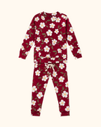 Burgundy floral kids crew neck jogger set with white flowers and green leaves, product view
