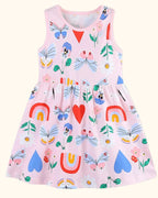 Blush pink kids butterfly and rainbow print sleeveless dress with hearts and flowers, front view