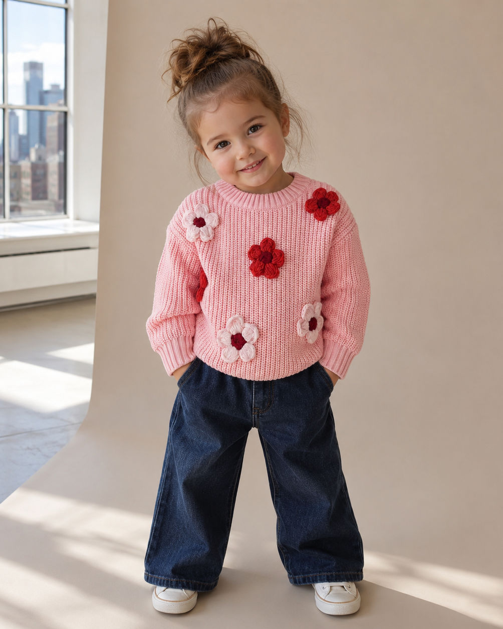 Cable Knit Floral Applique Sweater - Pink