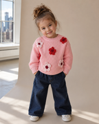 Cable Knit Floral Applique Sweater - Pink