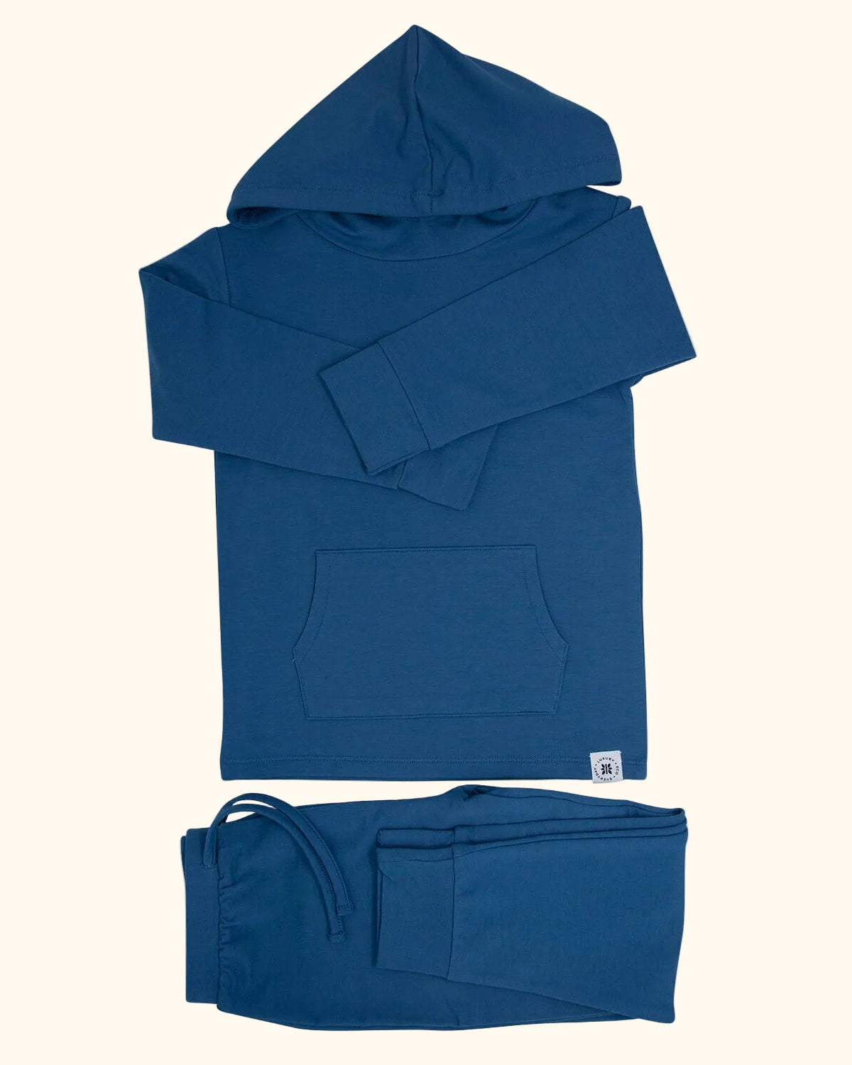 Captain blue hooded top with kangaroo pocket and matching jogger pants, flat lay front view