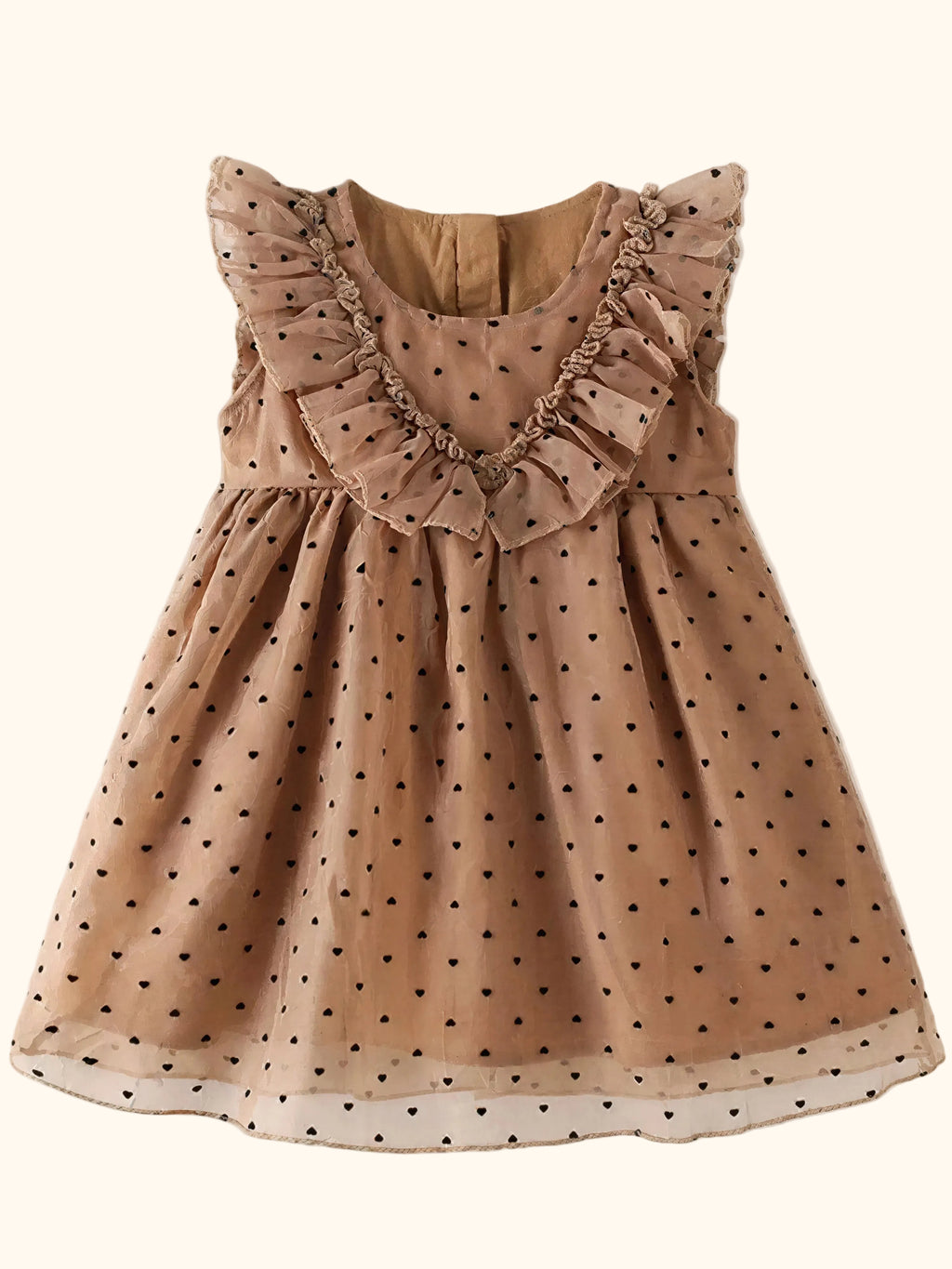 Caramel kids polka dot ruffle dress with gathered skirt and black dots, flat lay front view