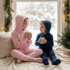 Carnation pink kids hooded jogger set beside navy set, indoor front lifestyle view