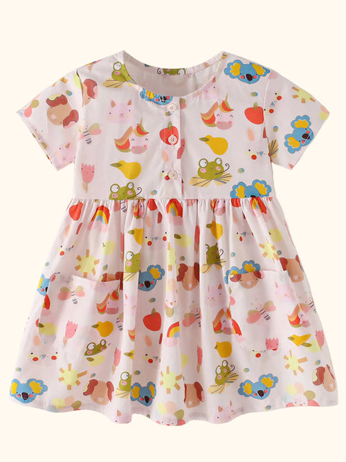 Cartoon Print Button-Front Dress with Pockets