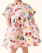 Kids Pink Cartoon Print Button-Front Dress with Pockets