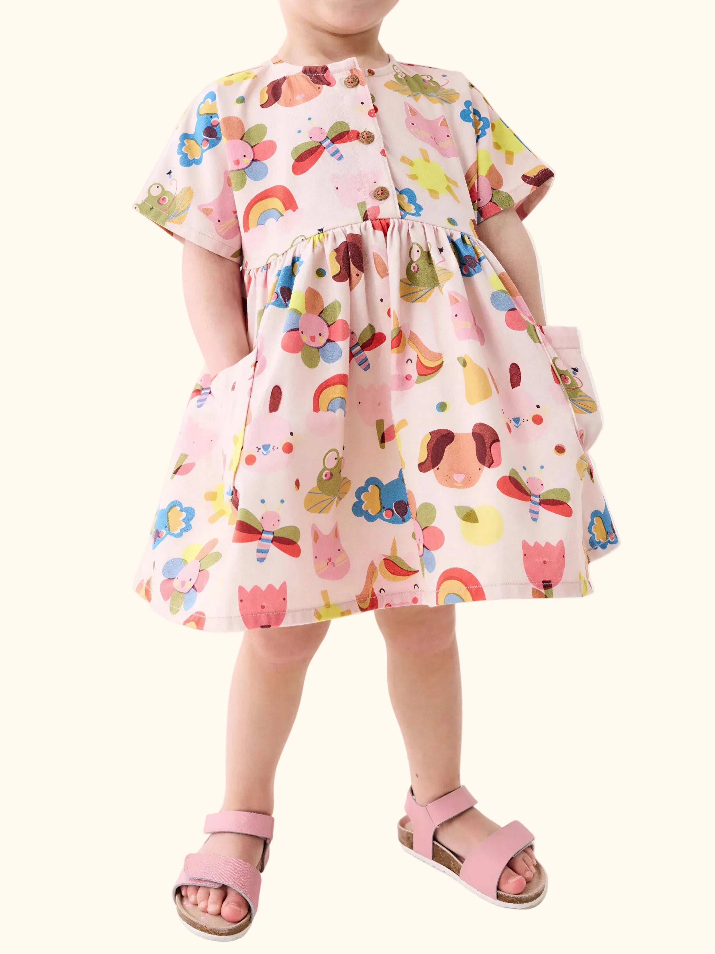 Cartoon Print Button-Front Dress with Pockets