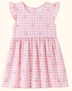 Kids Pink Cherry Gingham Ruffle Sleeve Cotton Dress