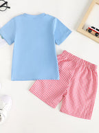 Light blue chicken T-shirt and red gingham shorts set, back product view