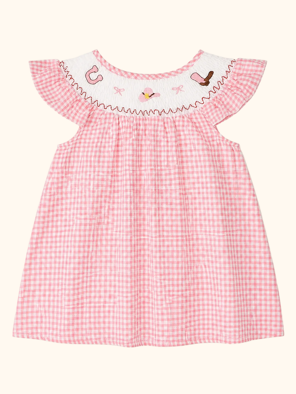 Western Embroidered Smocked Gingham Ruffle Dress