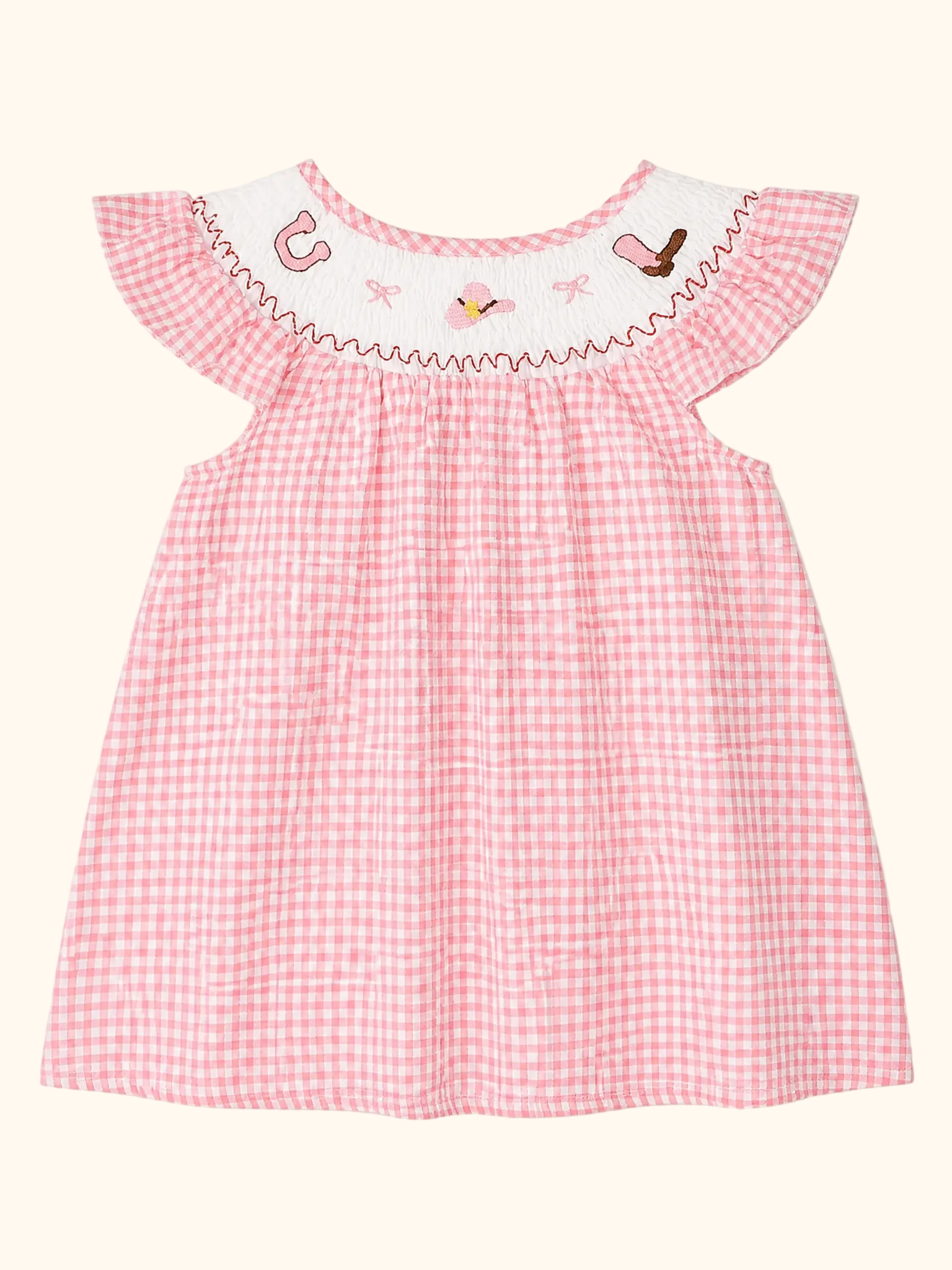 Western Embroidered Smocked Gingham Ruffle Dress