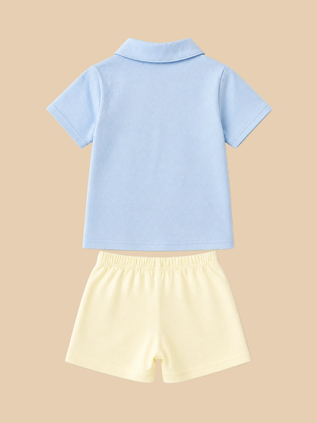 Powder blue button-up shirt and cream kids shorts set, back product view