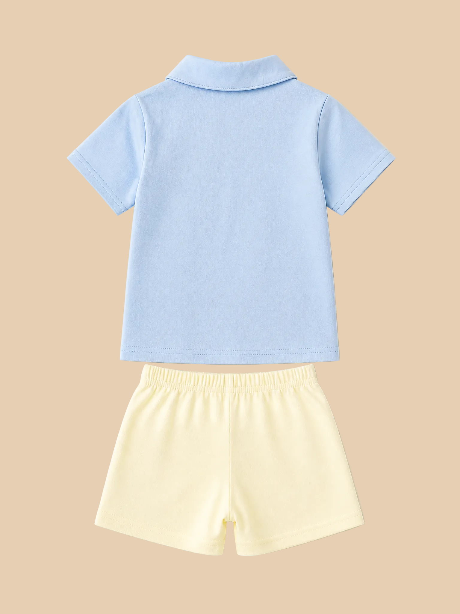 Powder blue button-up shirt and cream kids shorts set, back product view