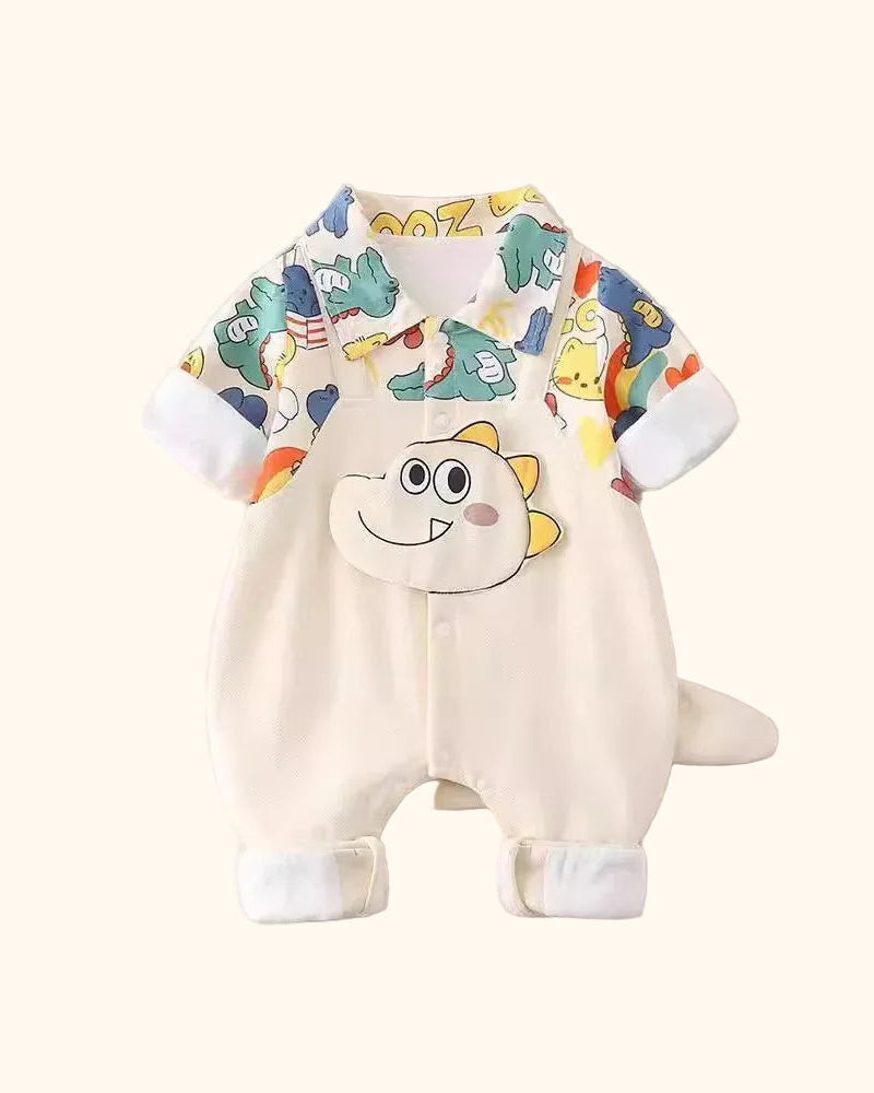 Ivory dinosaur print baby romper with dino face patch, back product view