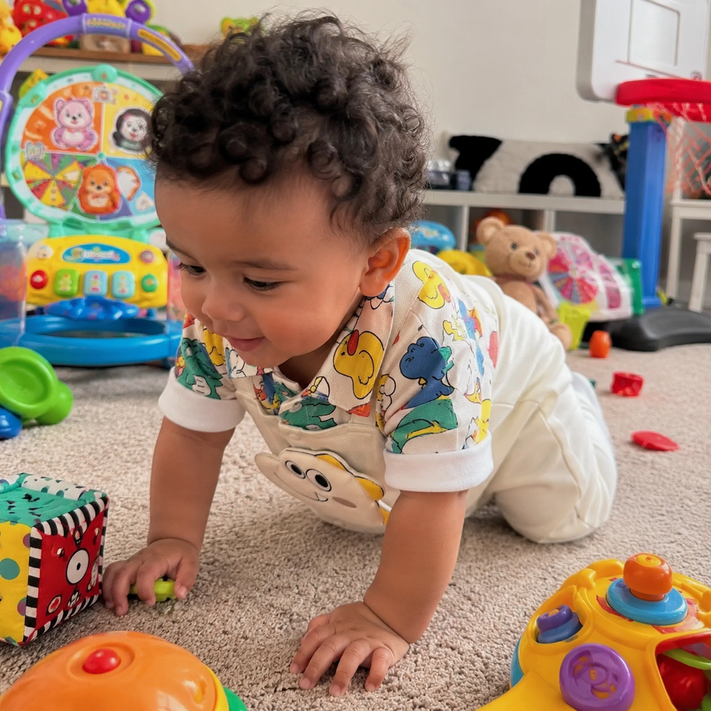 Ivory baby romper with colorful dinosaur print and dino face patch, crawling lifestyle view