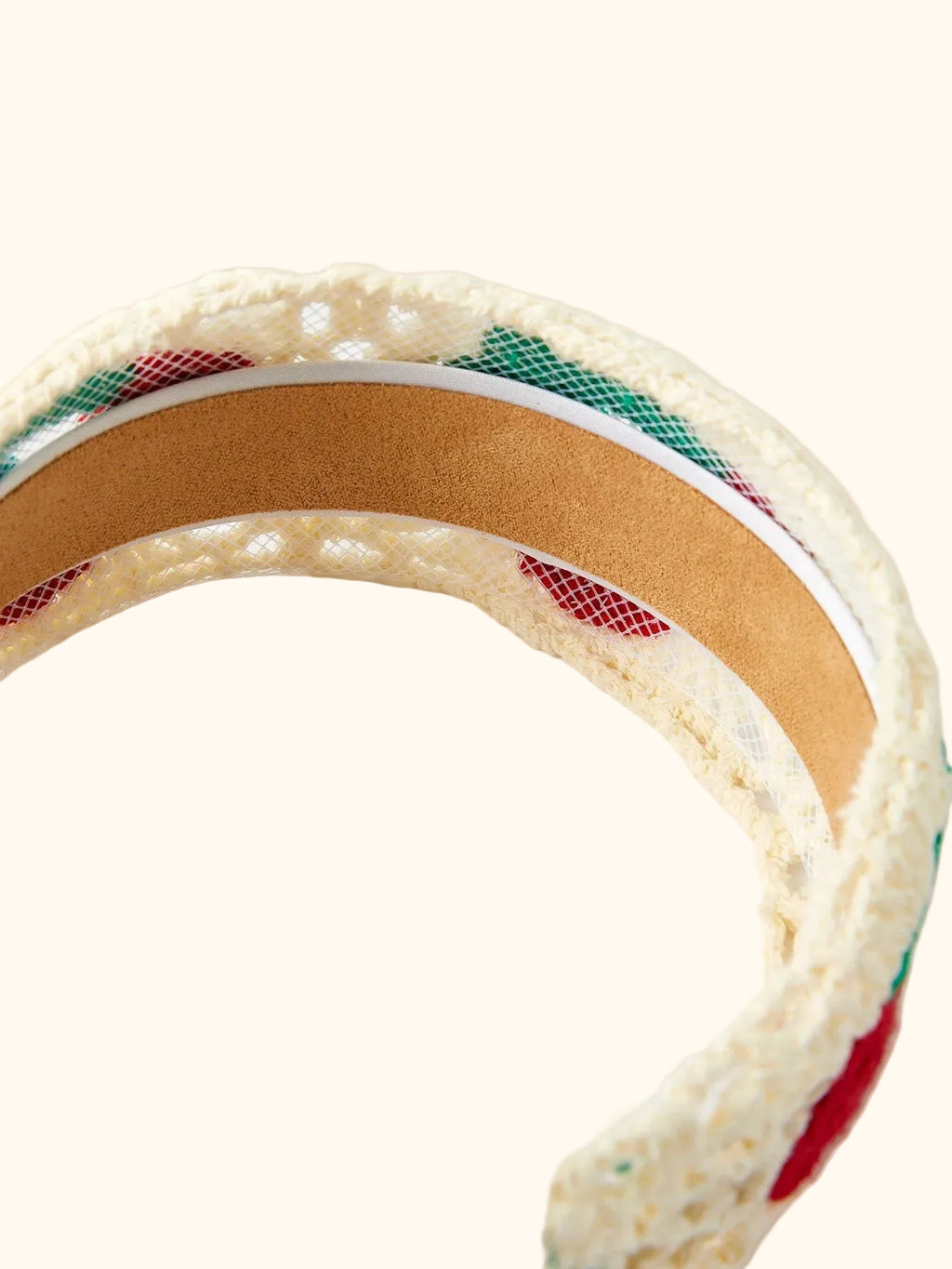 Cream kids cherry crochet headband with open weave construction, interior band close-up