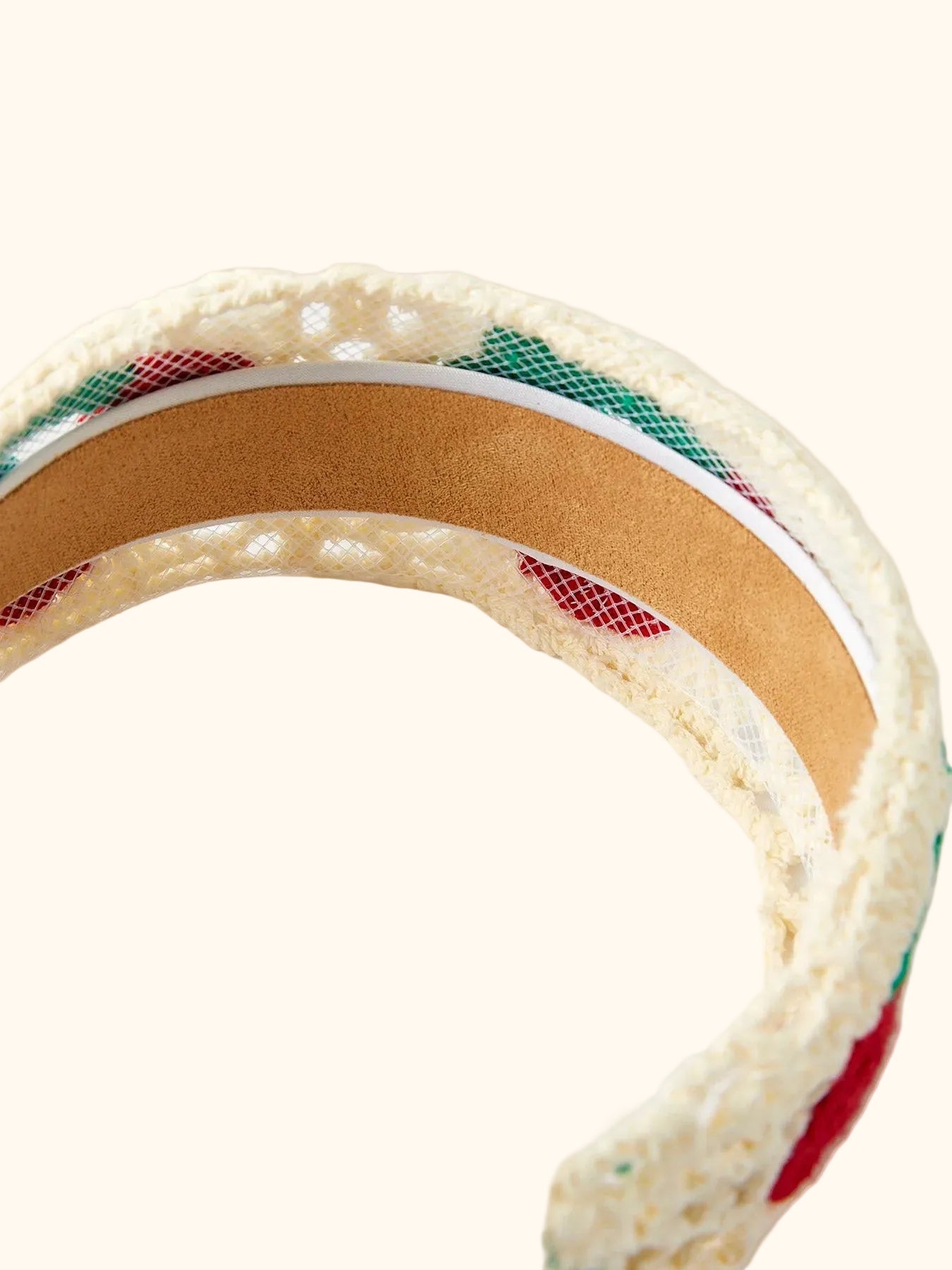 Cream kids cherry crochet headband with open weave construction, interior band close-up