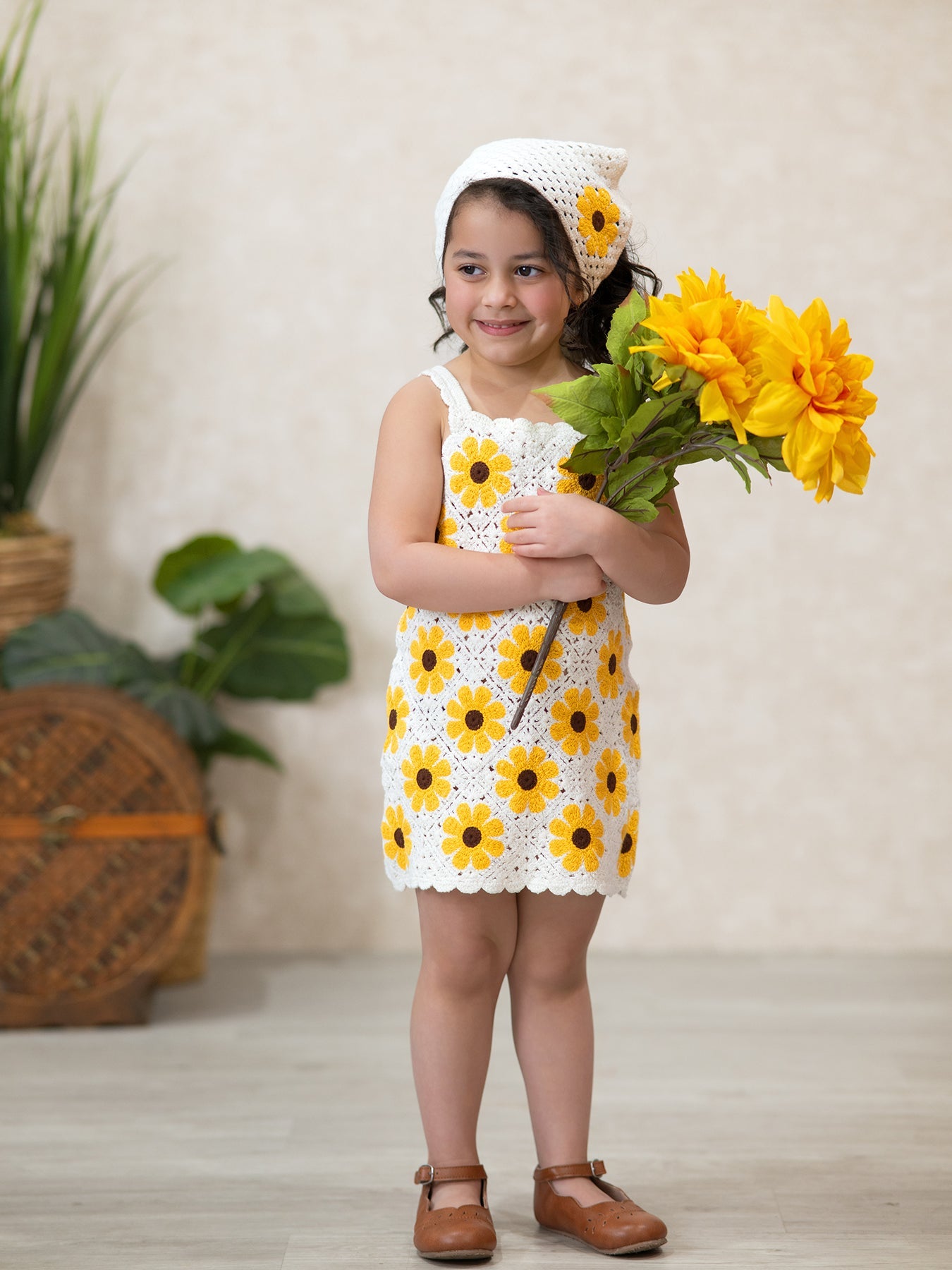 Crochet Sunflower Dress & Headscarf Set