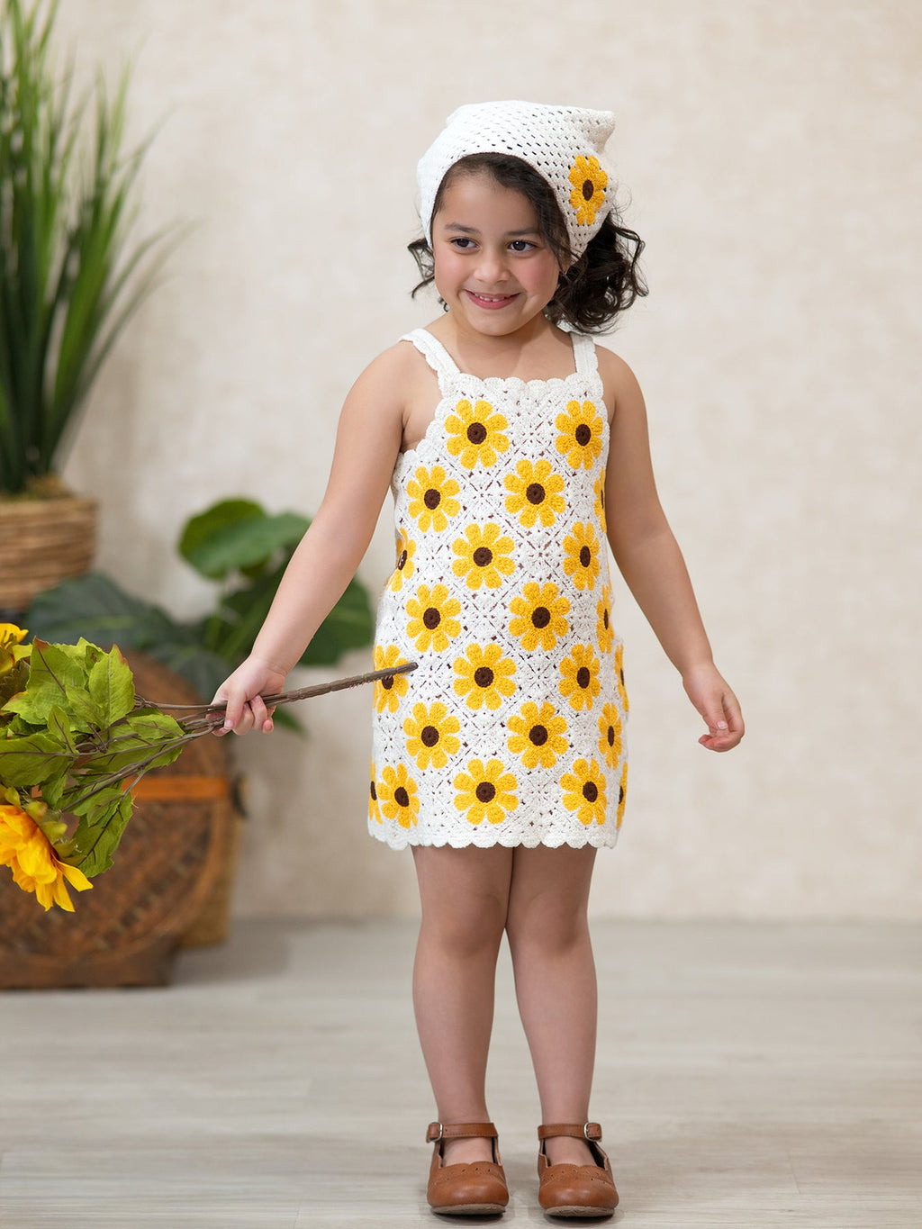 Crochet Sunflower Dress & Headscarf Set