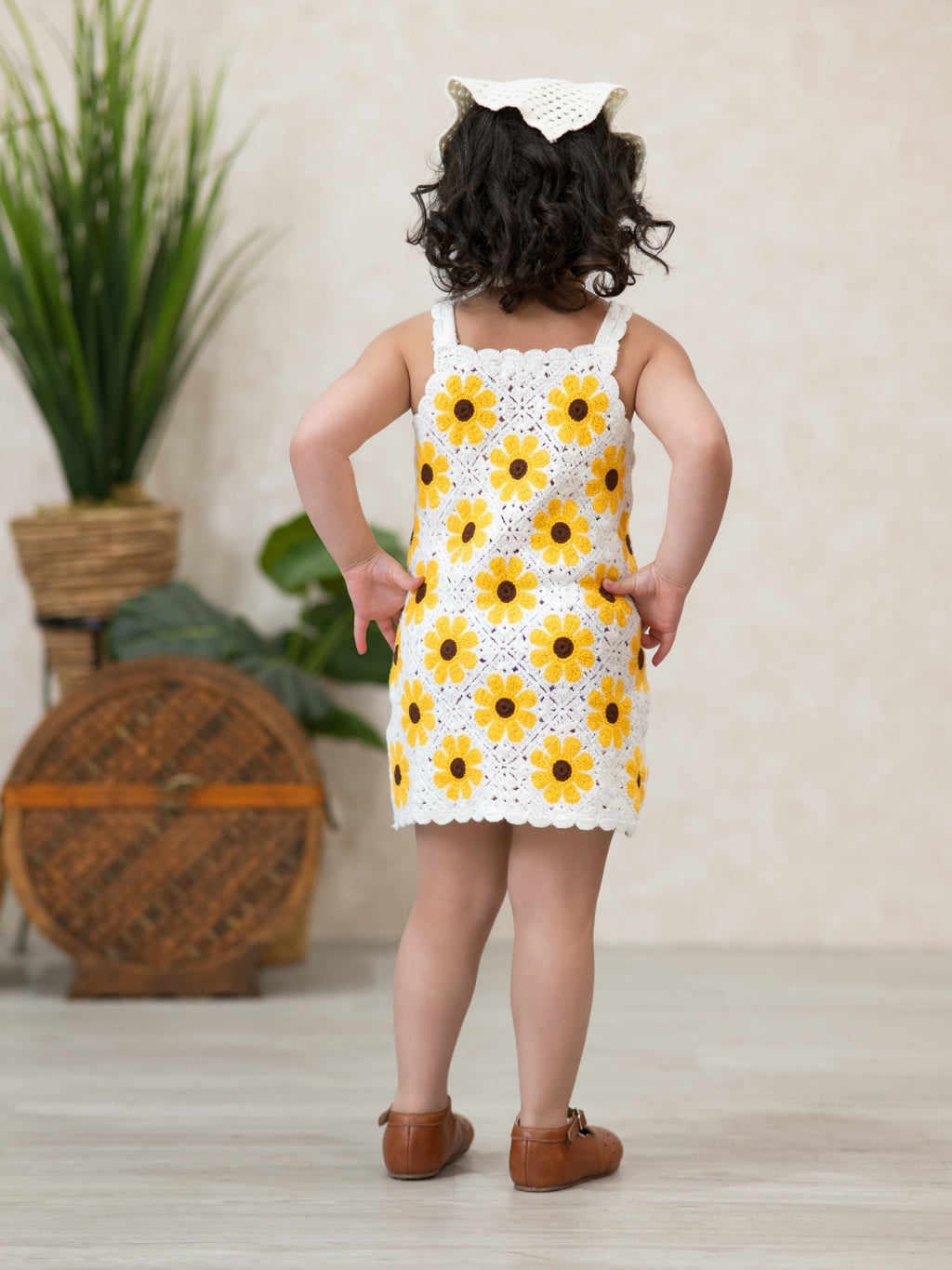 Crochet Sunflower Dress & Headscarf Set