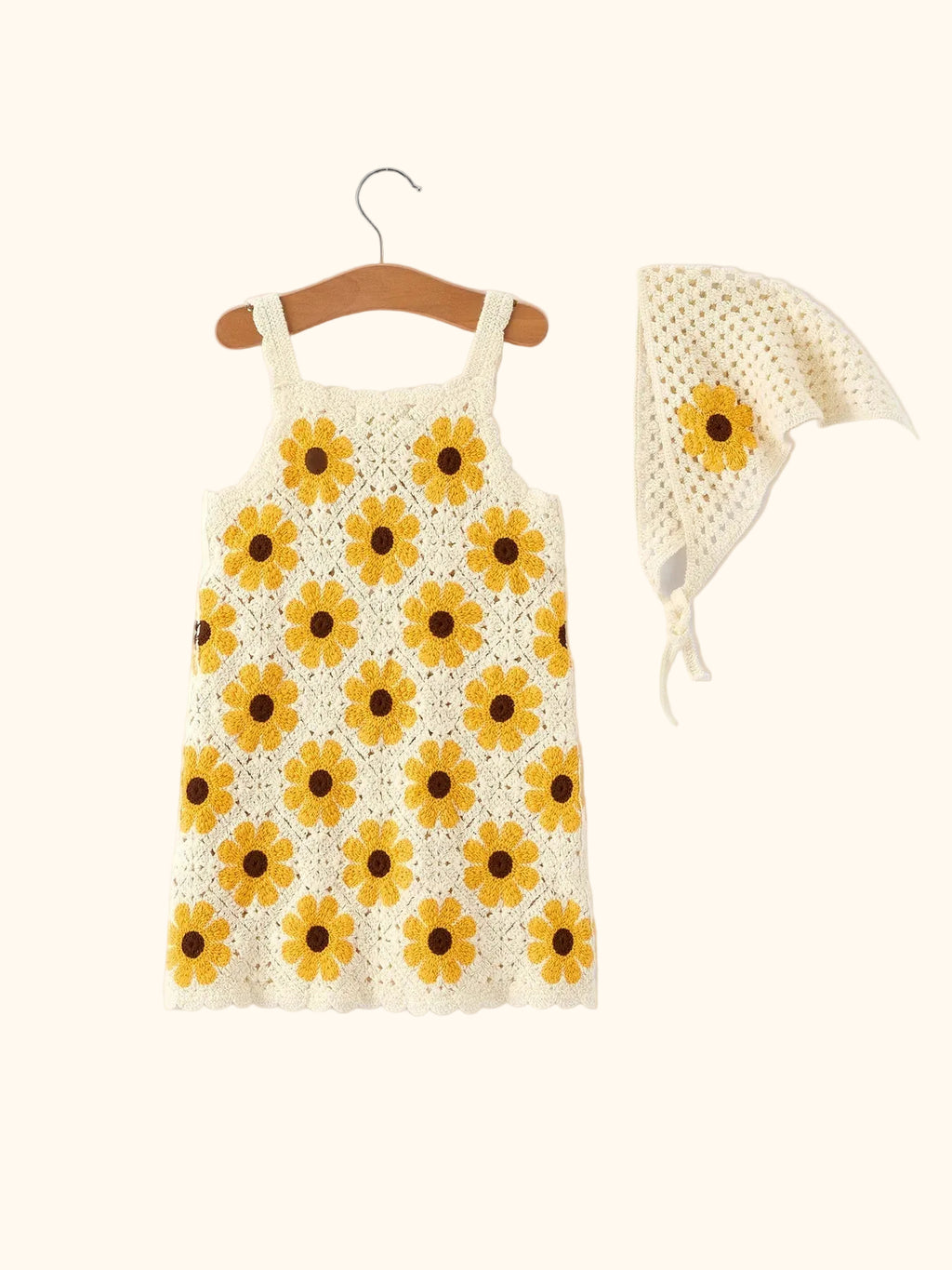 Crochet Sunflower Dress & Headscarf Set