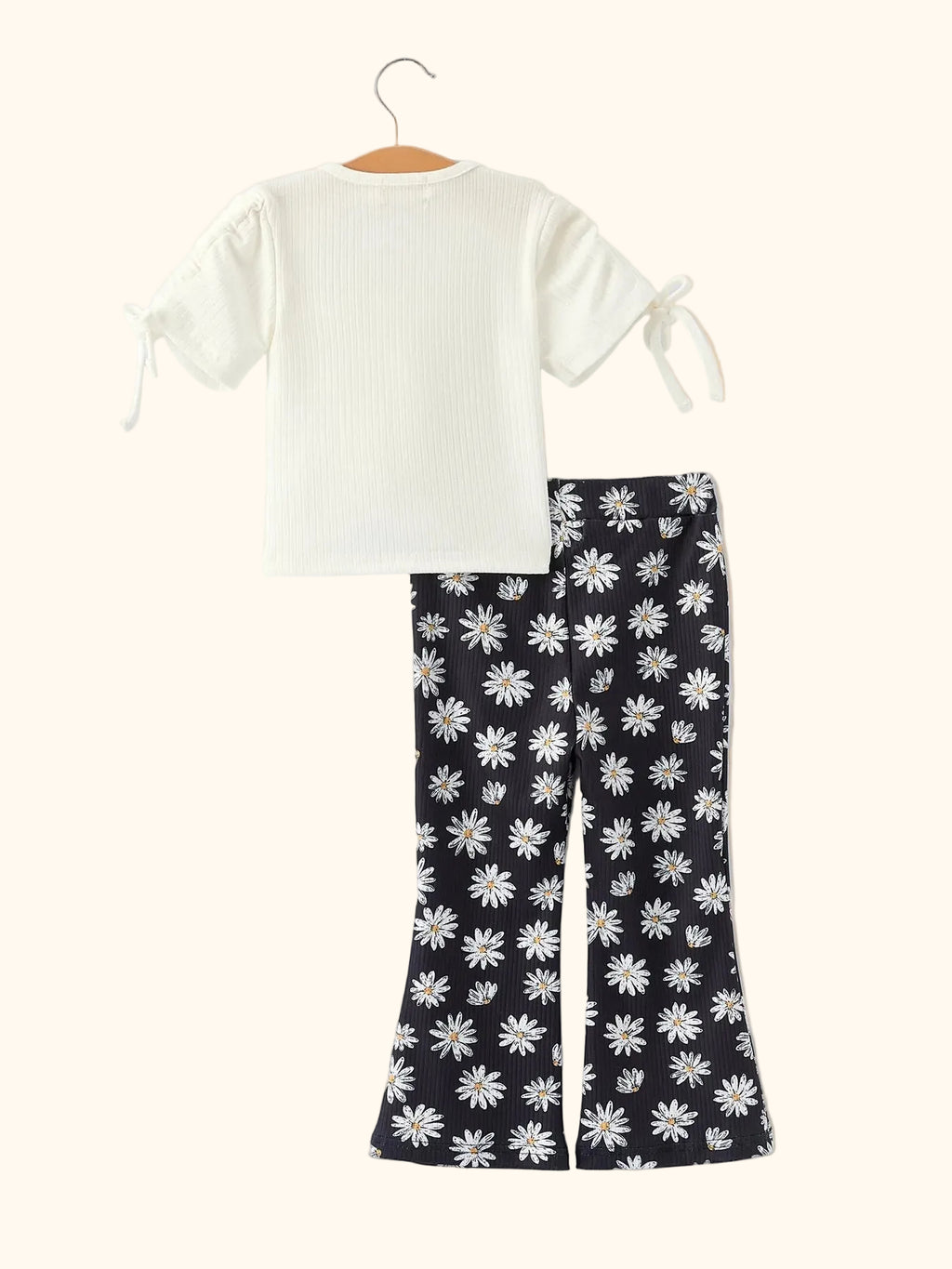 Daisy Print Ruched Tie-Sleeve Top & Flare Pants Set