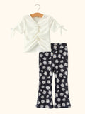 Daisy Print Ruched Tie-Sleeve Top & Flare Pants Set