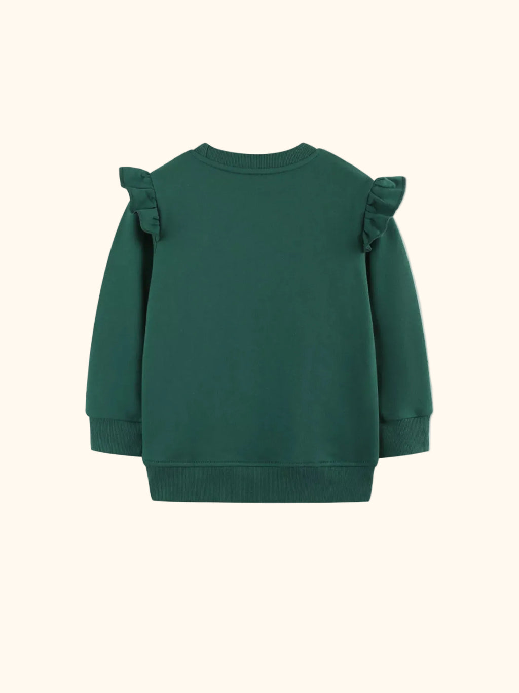 Dark green kids ruffle sweatshirt with plain back and ribbed trim, back view