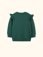 Dark green kids ruffle sweatshirt with plain back and ribbed trim, back view