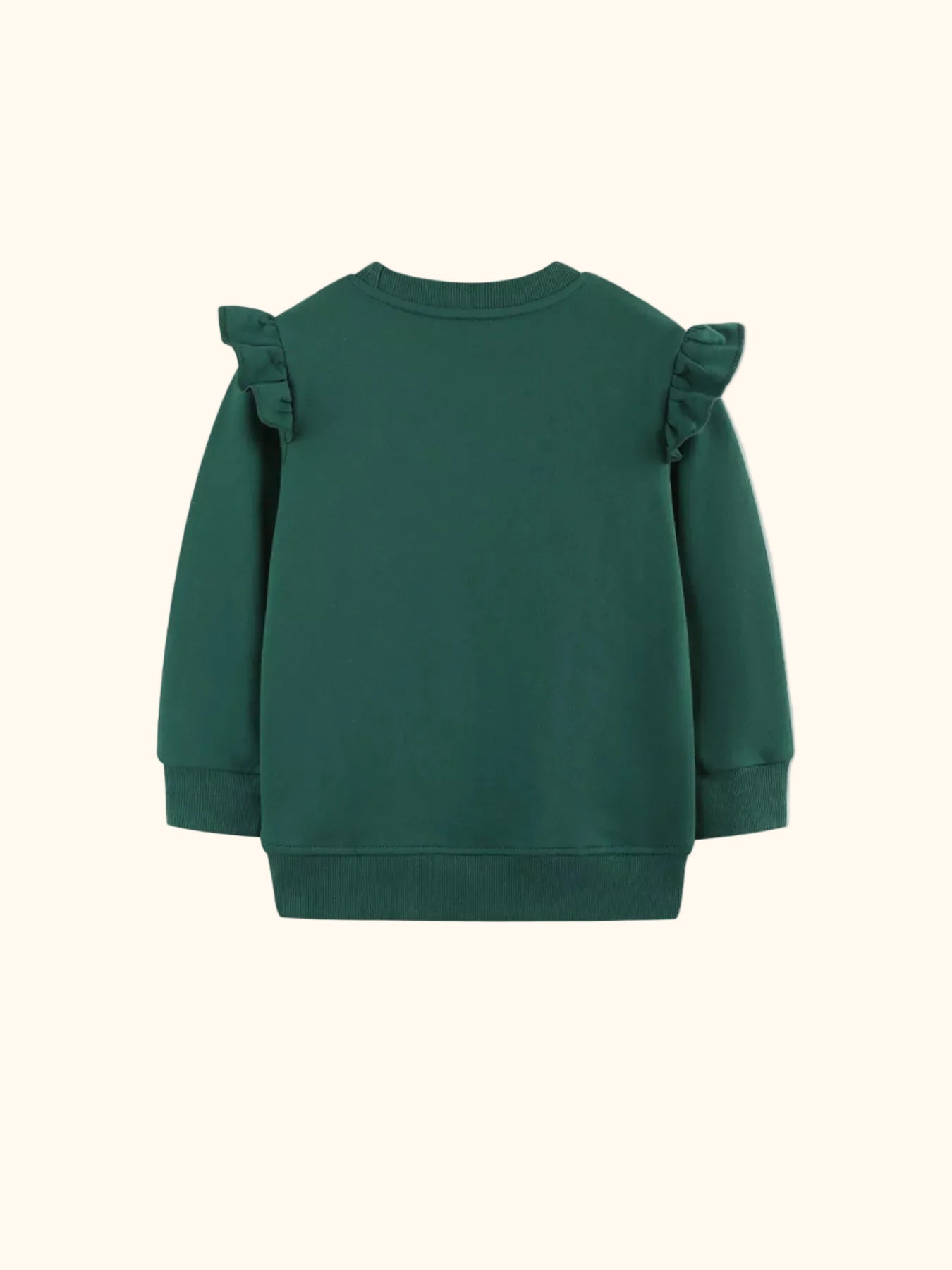 Dark green kids ruffle sweatshirt with plain back and ribbed trim, back view