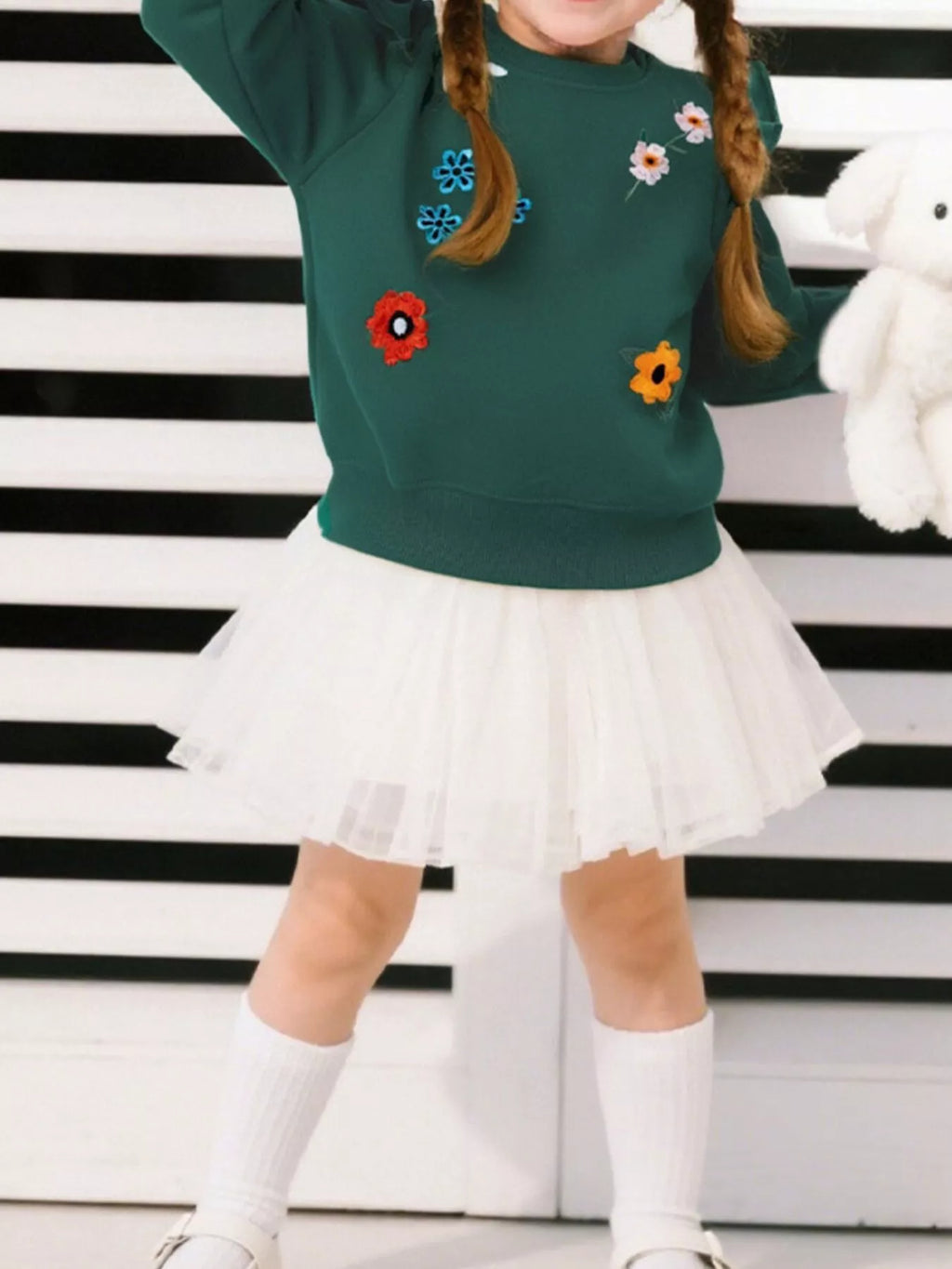 Dark green kids floral embroidered ruffle sweatshirt, modeled front view