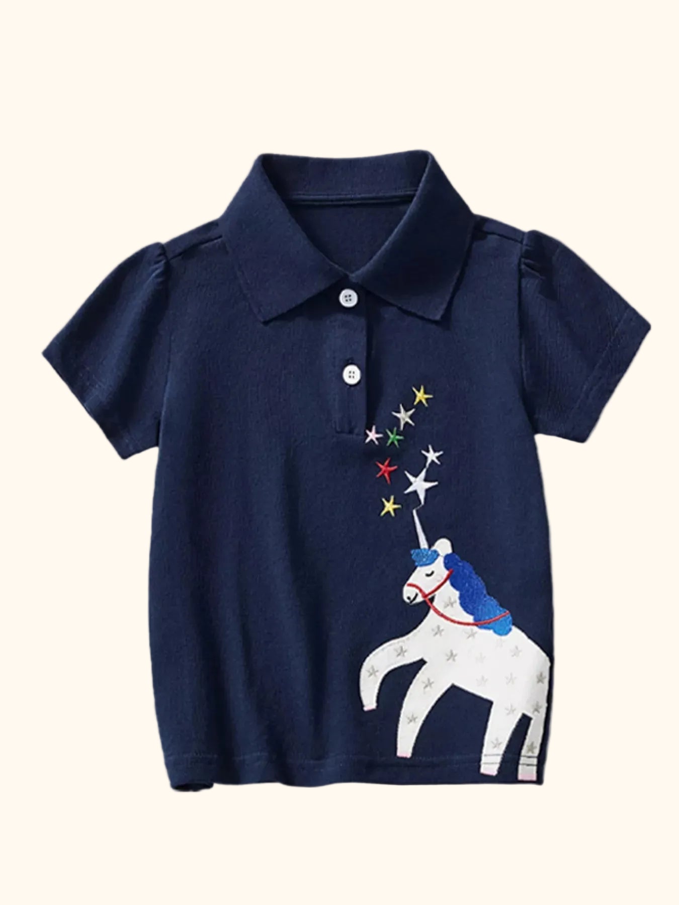 Dark navy kids unicorn appliqué polo with multicolor embroidered stars, front product view