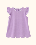 Purple kids flutter-sleeve top with white contrast trim and scalloped hem, front product view