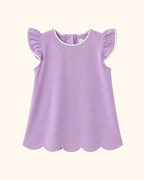 Purple kids flutter-sleeve top with white contrast trim and scalloped hem, front product view