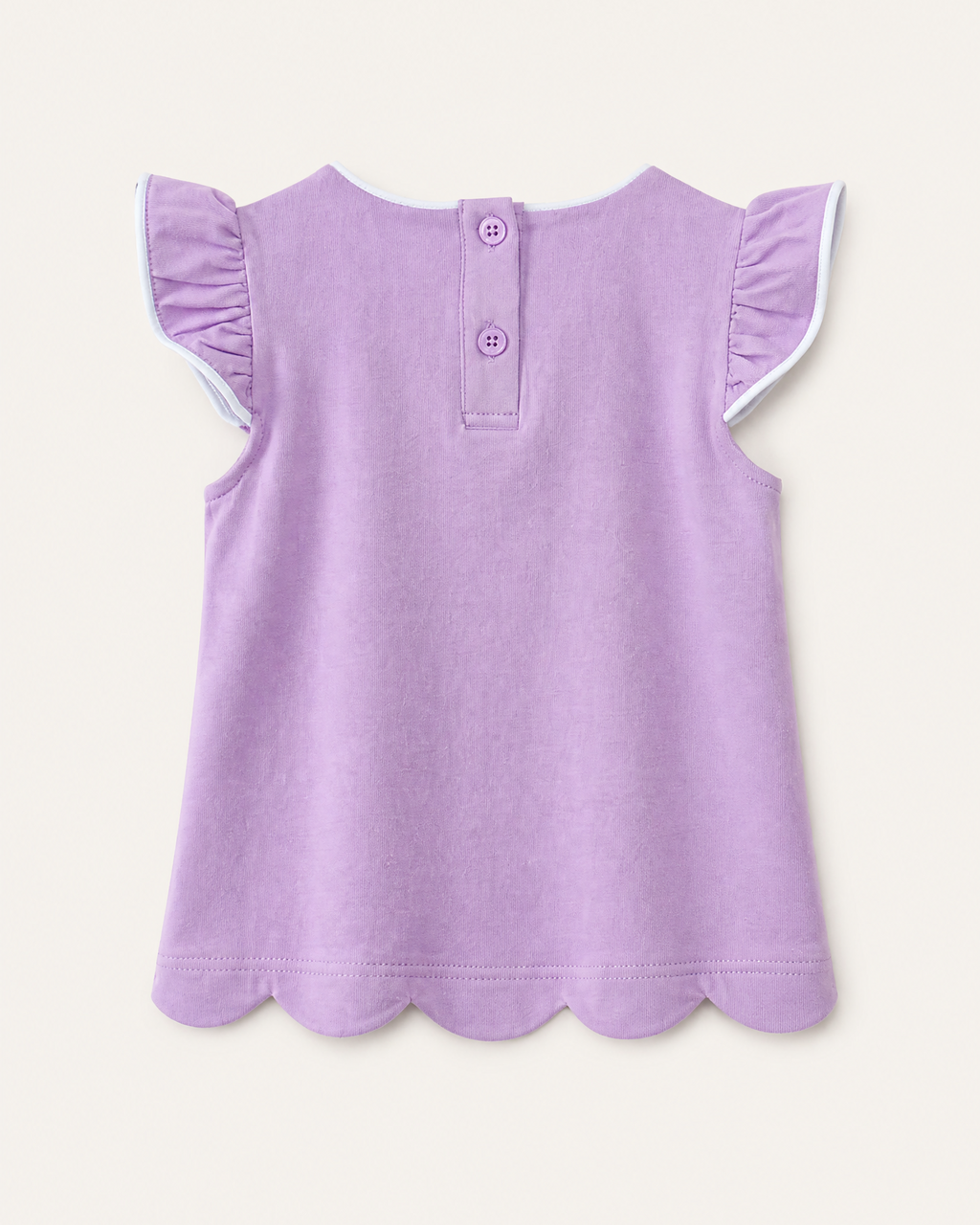 Purple kids flutter-sleeve top with two-button back opening and scalloped hem, rear product view