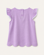 Purple kids flutter-sleeve top with two-button back opening and scalloped hem, rear product view