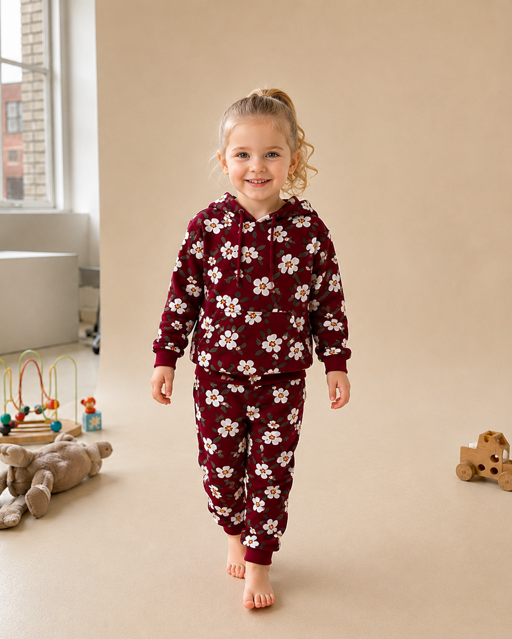 Berry red floral kids hooded pocket jogger set with matching pants, front lifestyle view