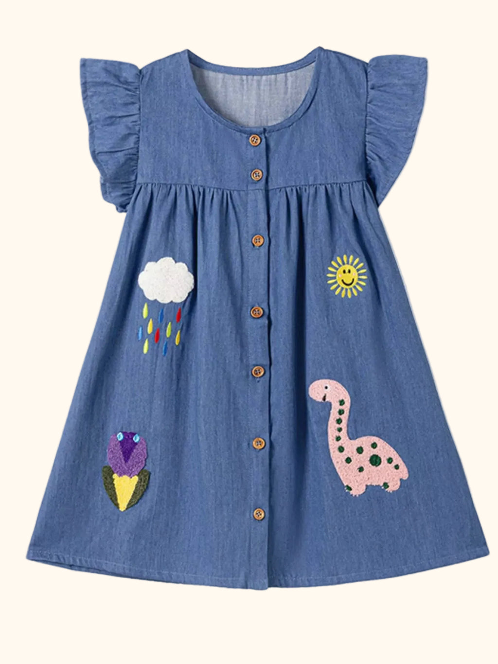 Denim kids dinosaur appliqué dress with button front and colorful weather and flower details, front product view